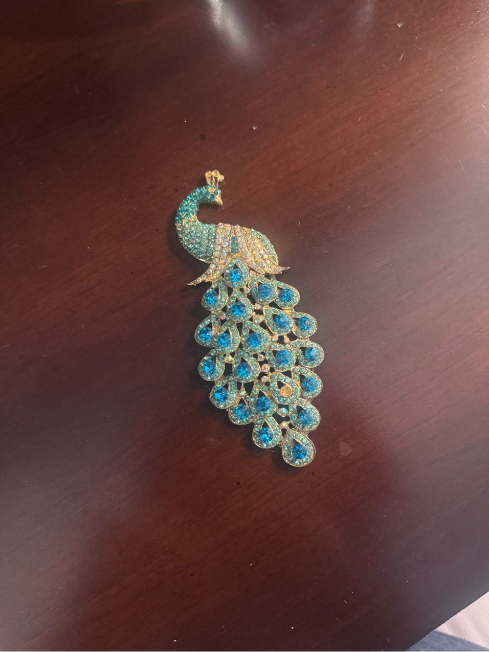 Gold Peacock Pendant with Teal Blue Crystal Accents - Women Jewelry